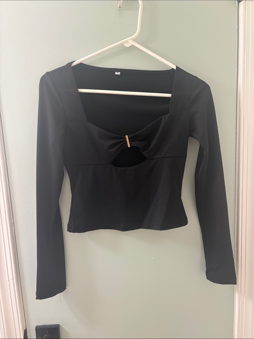 Amazon Black Long Sleeve Square Neck Top with Front Cutout and Accent